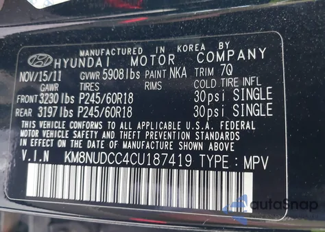 2012 Hyundai Veracruz Limited from USA, damaged, VIN KM8NUDCC4CU187419